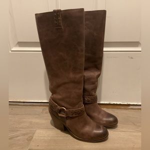 Lucky Brand Tall Brown Leather Knee High Pull On Boots Western Harness, 8